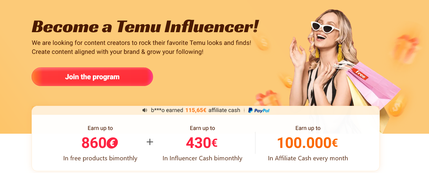Temu Influencer Program Earn up to 860€ Balance - 02